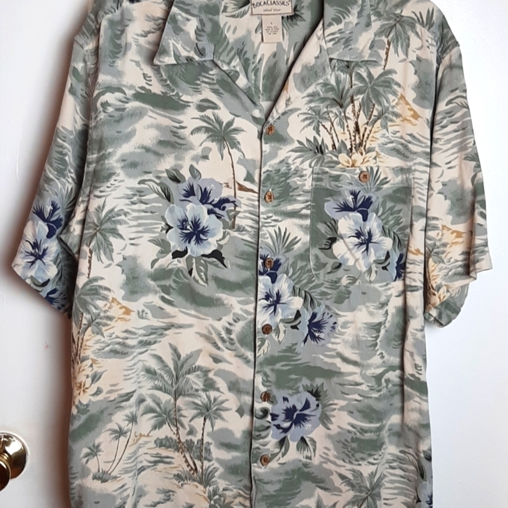 COPY - BocaClassic Green &Blue  Silk 100%  Hawaiian Shirt  L